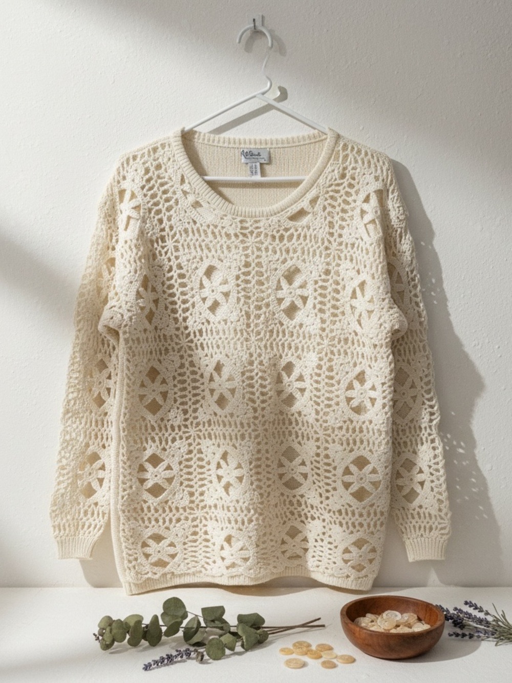 All Points Cream Crocheted Sweater with Cabin Core vibes